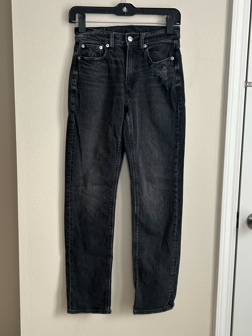 American Eagle Jeans Super High Rise Ankle Straight Washed Black Stretch 00 Long
